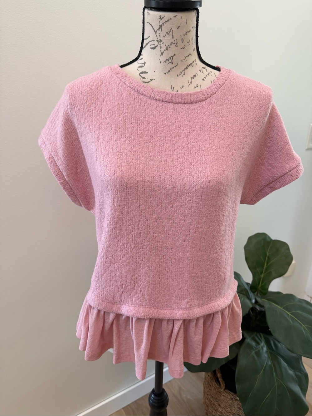 Pilcro Anthropologie Pink Textured Peplum Knit Top Romantic Cottagecore
